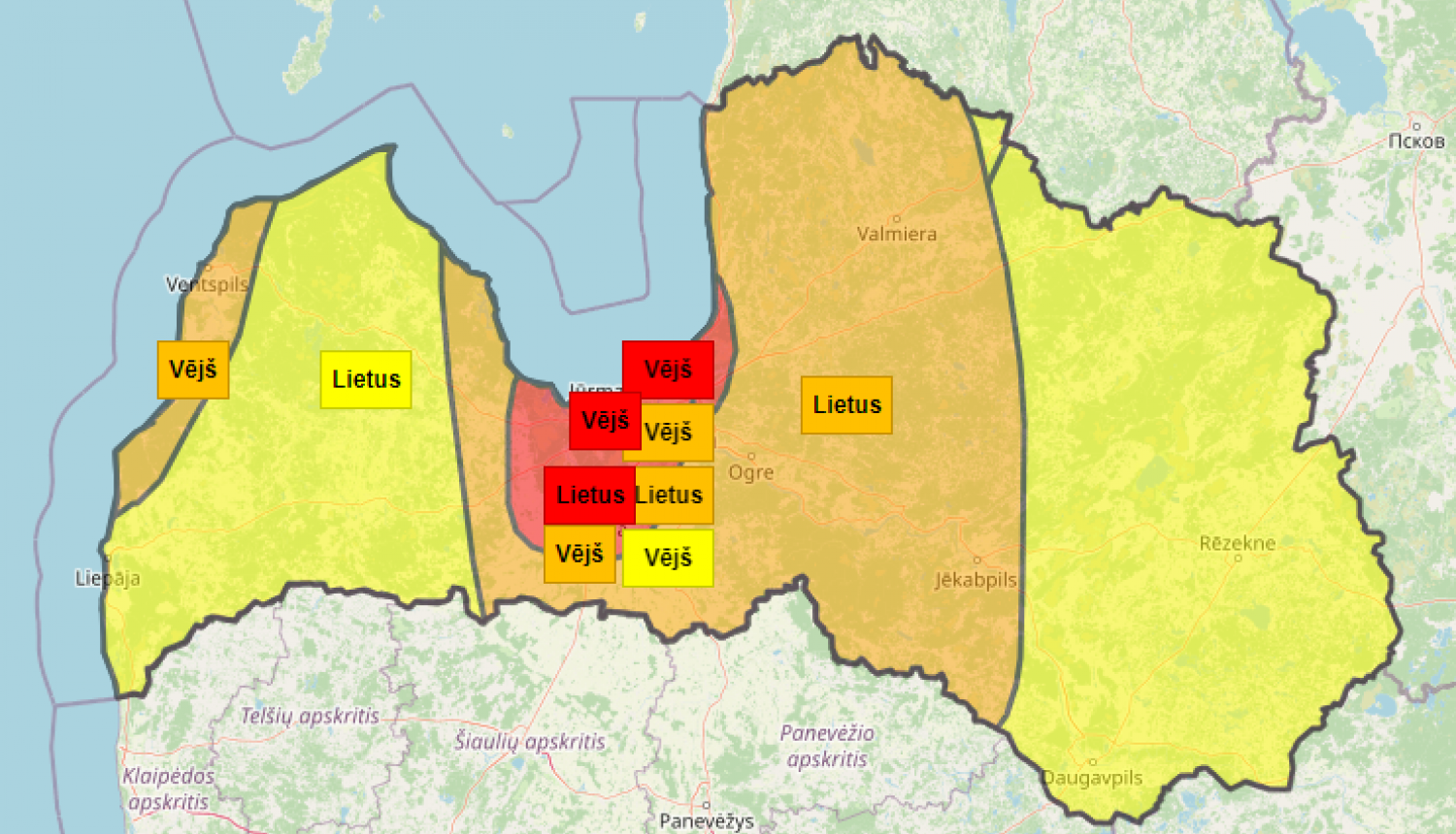 Latvijas karte ar brīdinājumiem par laikapstākļiem