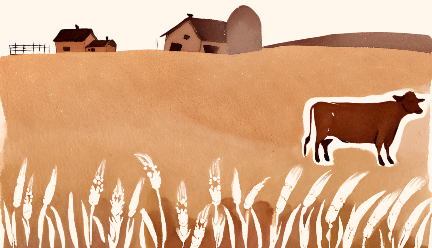 Akvareļa zīmējums ar vārpām, govi un lauksaimniecības ēkām
